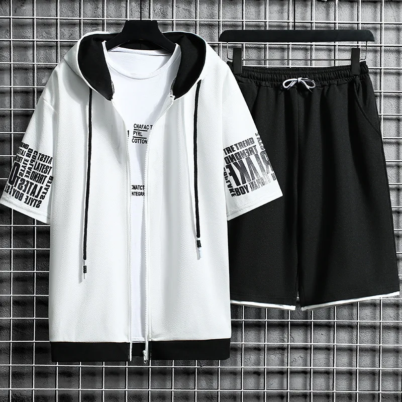 Men Sets 2 Pieces Tracksuit Summer Short Sleeve Hooded Tops Shorts Streetwear Loose Mens Suit Casual Zipper Hip Hop Sportswear