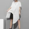 [EAM] Women White Irregular Split Joint Big Size T-shirt New Round Neck Short Sleeve Fashion Tide Spring Summer 2024