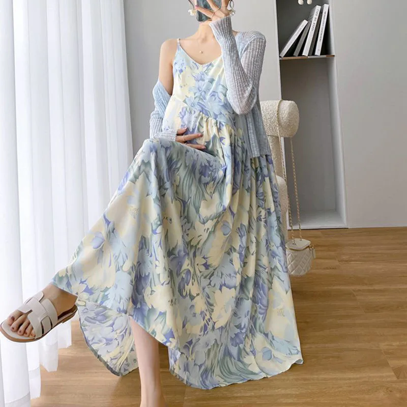 Maternity Dresses Suit 2023 Summer French Elegant Clothes For Pregnant Women Fashion Chiffon Dress Coat Lady Pregnancy Dress