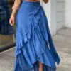 Women's Pleated Denim Skirt Casual Street Wear Beach Party Club Y2K Vintage Elegant Solid Ruffle Hem Knot Waist Long Dress