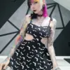Yangelo Punk Grunge Bat Print Suspender Dress E Girl Mall Gothic Aesthetic Elegant Sexy Openwork Dresses
