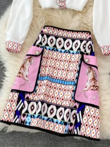 New 2022 Fashion Runway Summer Skirt Suit Women's Horse Geometry Print Blouse And A Line Pocket Buttons Skirt 2 Two Piece Set - Image 4