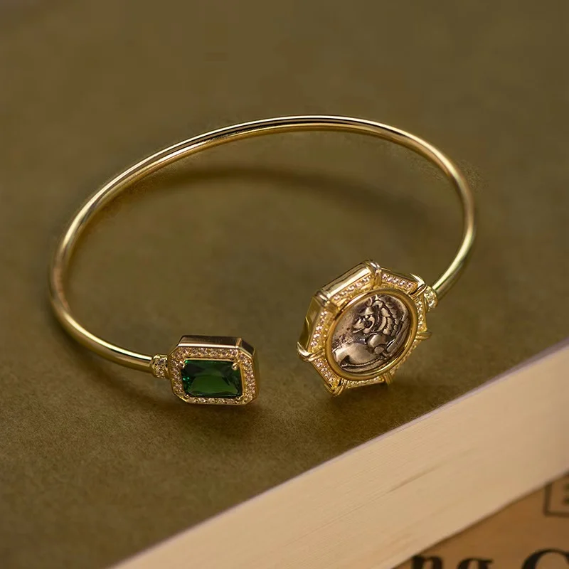 Hot Selling 925 Sterling Silver Famous Brand Ancient Roman Silver Coin Bangle Retro Relief lion Fashion Jewelry
