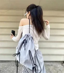 LEFTSIDE Silk Drawstring Backpack Strap Design 2023 Winter Korean Fashion Backpacks Lady Big Back Pack - Image 3
