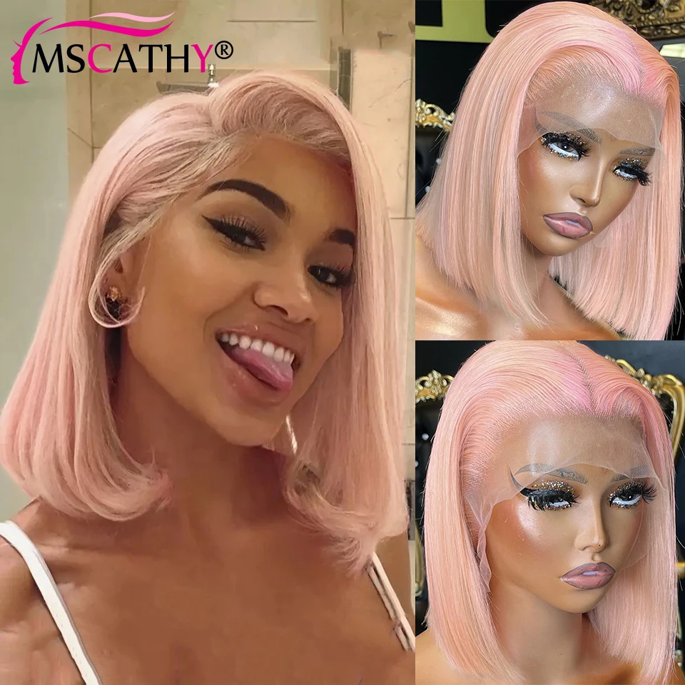 Light Pink Colored Lace Frontal Wig Short Straight Bob Brazilian Remy Human Hair Wigs For Women HD Transparent Lace Frontal Wig