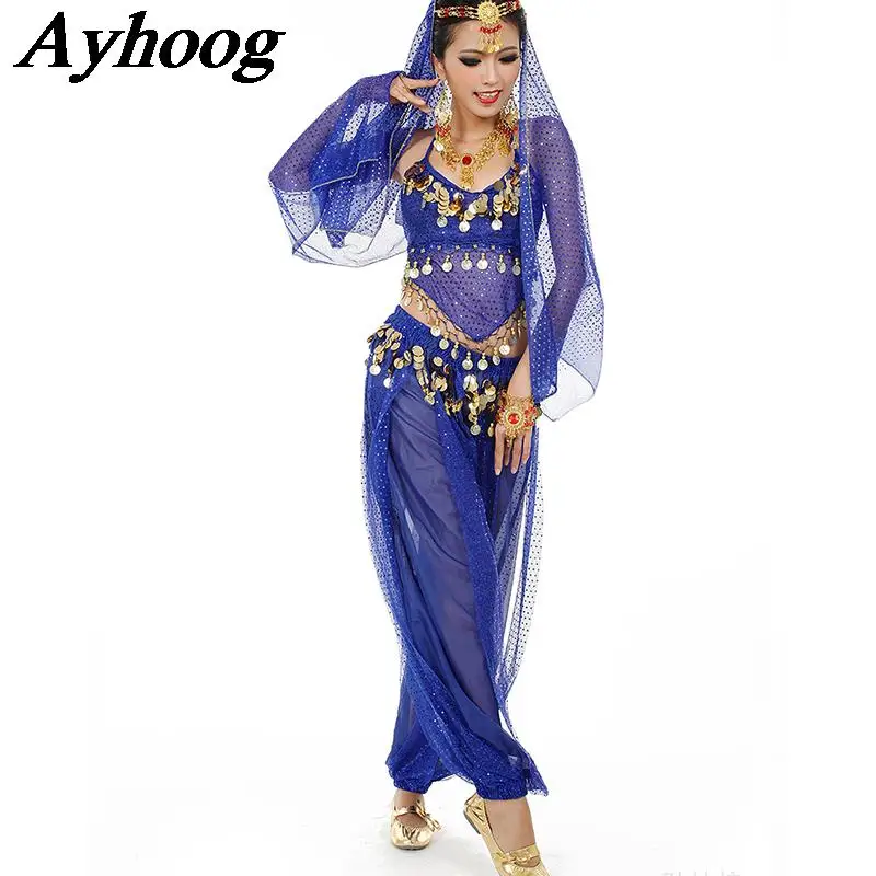 Egyptian Oriental Belly Dance Costumes Women Bollywood India Dance Clothing Professional Bellydance Outfit Tops Pants Head Veil
