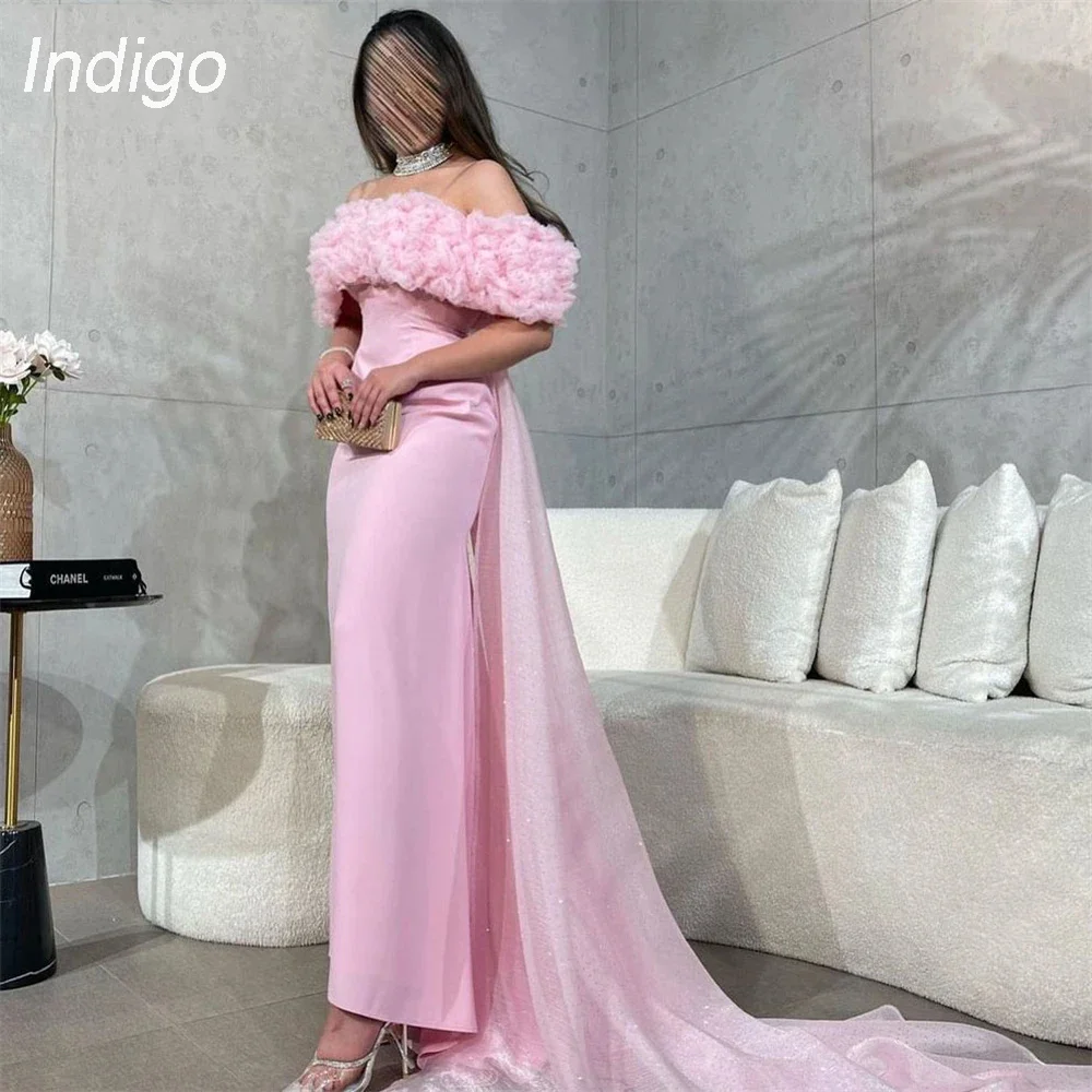 Indigo Prom Dress Mermaid Off The Shoulder Satin 3D Flowers Ankle-Length Sweep Train Elegant Evening Gowns For Women فساتين الس