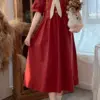 Preppy Style Red Fairy Girly Elegant Dresses Women Japanese Style Sailor Collar Tid Floral Embroidery Short Sleeve Woman Dresses