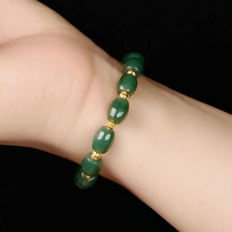 Myanmar Jade a Goods Oil Green Rice White Platinum Beads Bracelet for Men and Women