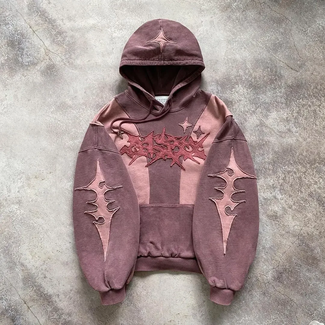 Harajuku Fashion Star Patch Old Sweatshirt Winter Streetwear High Street Distress Men Women Patchwork Y2k Gothic Trendy Hoodie