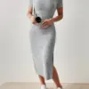 French Square Neck Side Slit Ribbed Knitted Short-sleeved Dress Fashionable and Versatile Midi Skirt Summer Hot Girl Sexy Dress