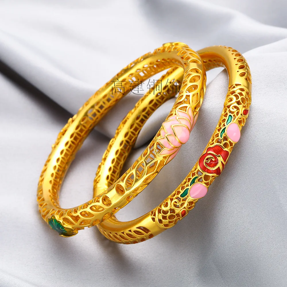 Joyria womens high-quality gold AU750 enamel hollow lotus 999 bracelet 24k national trend style lotus leaf lotus charm Pandora