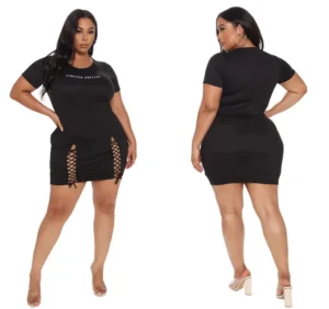 SOMO Summer Plus Size Dresses for Women Black Short Sleeve Mini Dress Hollow Out Sexy Club Wear Stretch Wholesale Dropshipping - Image 4