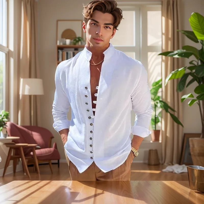 Men's long sleeve shirt cotton linen vintage solid color large size cardigan shirt casual loose high quality fashion men's wear