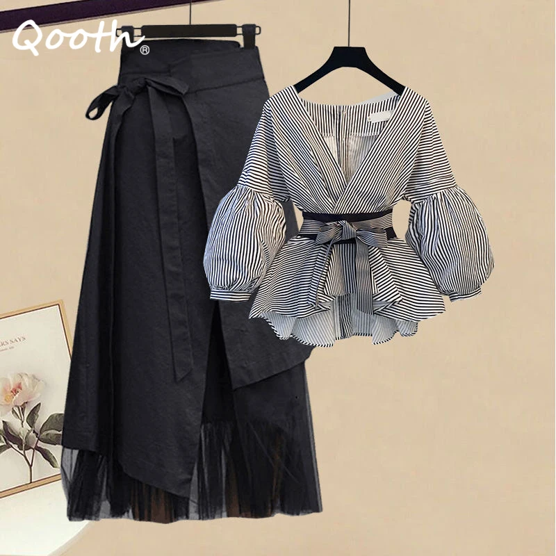 Qooth Women M-4XL Oversize Two piece skirt Set Elegant Office Lady V-neck Shirt Blouse Long Mesh Skirt QT2188