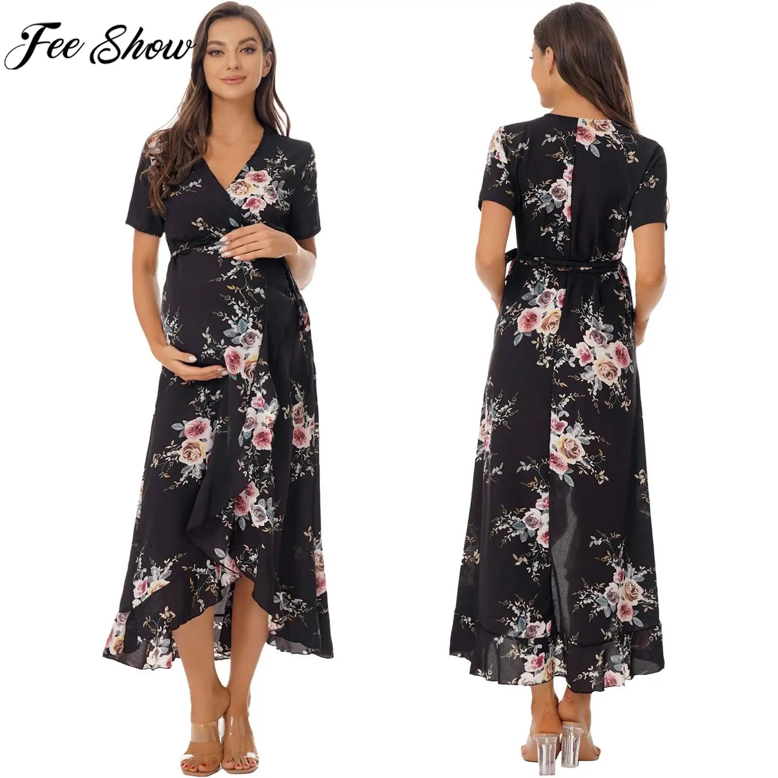 Pregnant Women Casual Print Chiffon Dress V Neck Plus Size Short Sleeve Wrap Maxi Dress for Party Daily Wear Beach Vacation
