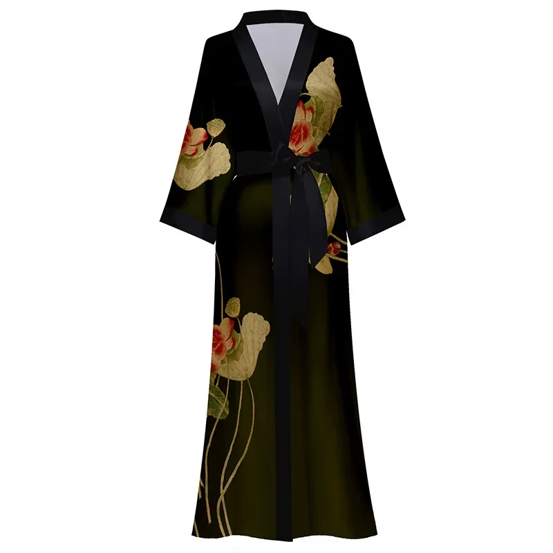 Flower Printing Long Pajamas Bathrobe for Ladies Spring and Summer Thin Satin National Style Luxury Design Morning Wedding Robe