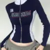 Y2K Vintage T-shirt Women Spring Long Sleeve Crop Top American Retro Zip Up Skinny Tops Tees Letter Print Casual Hot Girl Jacket
