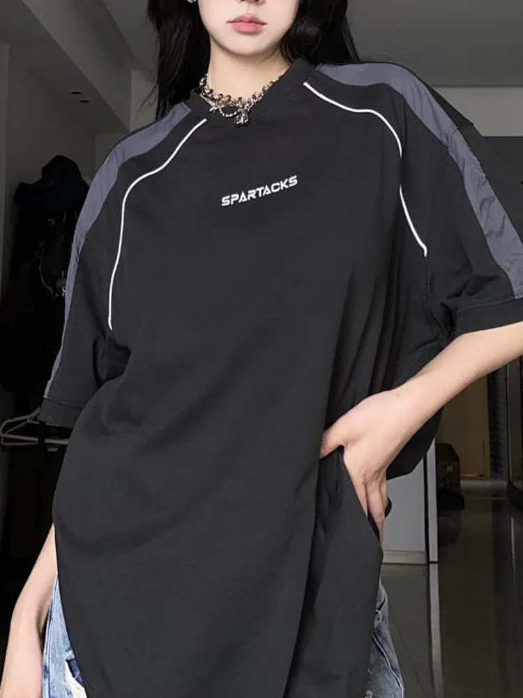HOUZHOU Vintage Black T-shirts Women Oversized Cyber Y2k Korean Streetwear Short Sleeve Tees Hip Hop Style Female Tops Techwear
