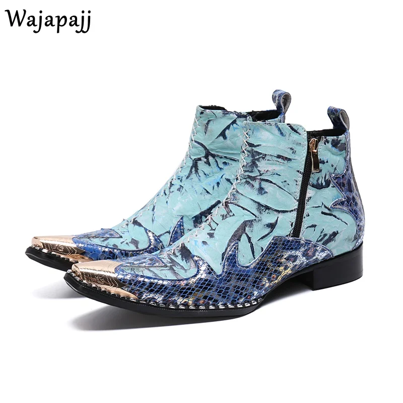 Men Premium Genuine Leather Embossed Double Zipper High Top Boots Spring Autumn Metal Pointed Toe Ankle Boots Shoes For Men