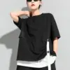 [EAM] Women Black Contrast Color Irregular Big Size T-shirt New Round Neck Half Sleeve Fashion Tide Spring Summer 2024
