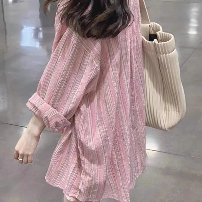 2024 New Arrival Spring Women Loose Turn-down Collar Long Sleeve Blouse Casual Single Breasted Korean Style Striped Shirts V914