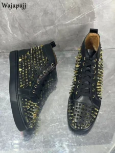 New Style Genuine Leather Men's Ankle Boots Gold Rivet Round Toe Male Black Shoes Lace Up Fashion Men's Casual Short Boots - Image 5