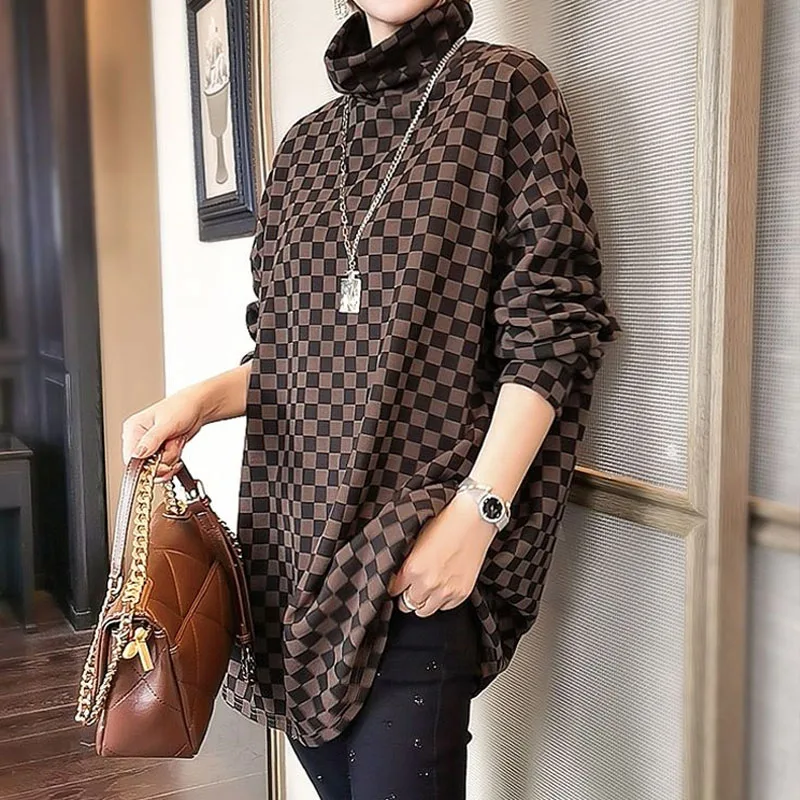 Fashion Vintage Turtleneck Thick Plaid T-shirt Autumn Winter Women's Clothing Loose Korean Long Sleeve Pullovers Tops for Female