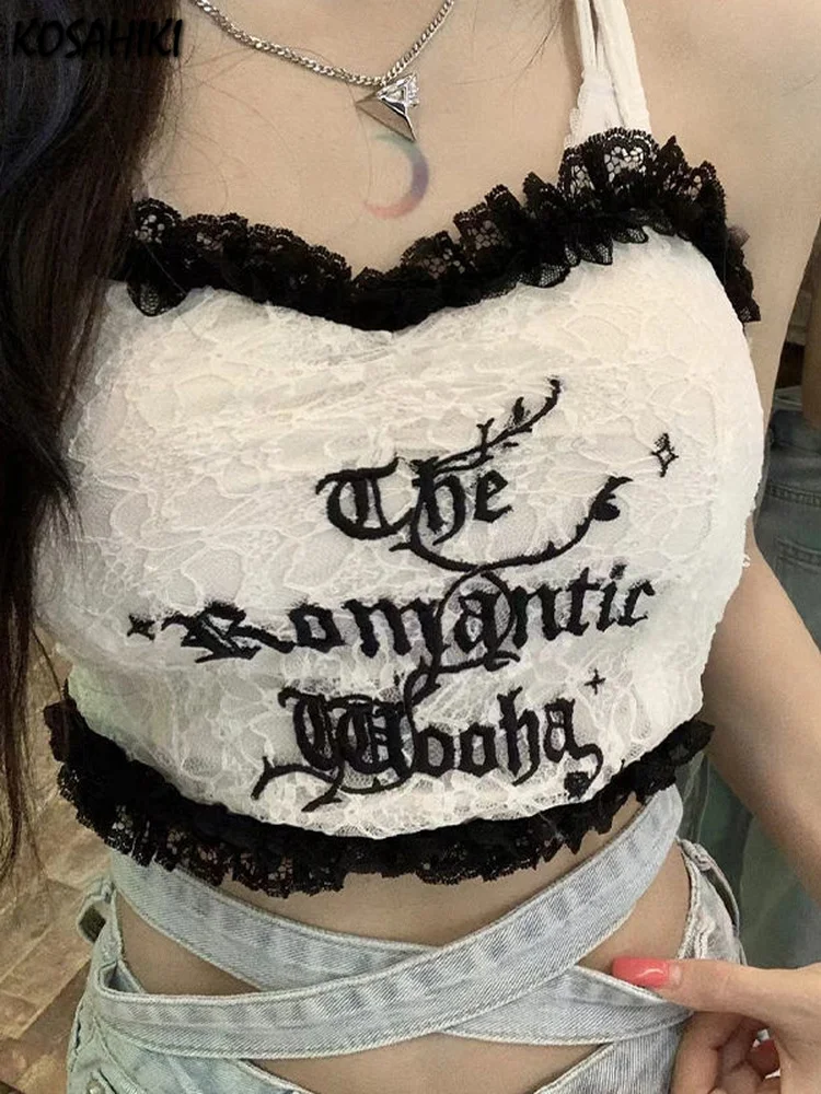KOSAHIKI Korean Fashion Cute Y2K Tank Top Female Lace Design Kawaii Clothes Sleeveless O Neck Slim Basic Casual Crop Vest Tees
