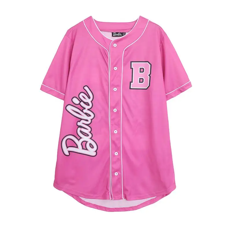 Summer Barbie Kawaii Sports Cardigan Short-Sleeved Fashion Girl Quick-Drying Baseball Uniform Tops Loose Running Outdoor T-Shirt