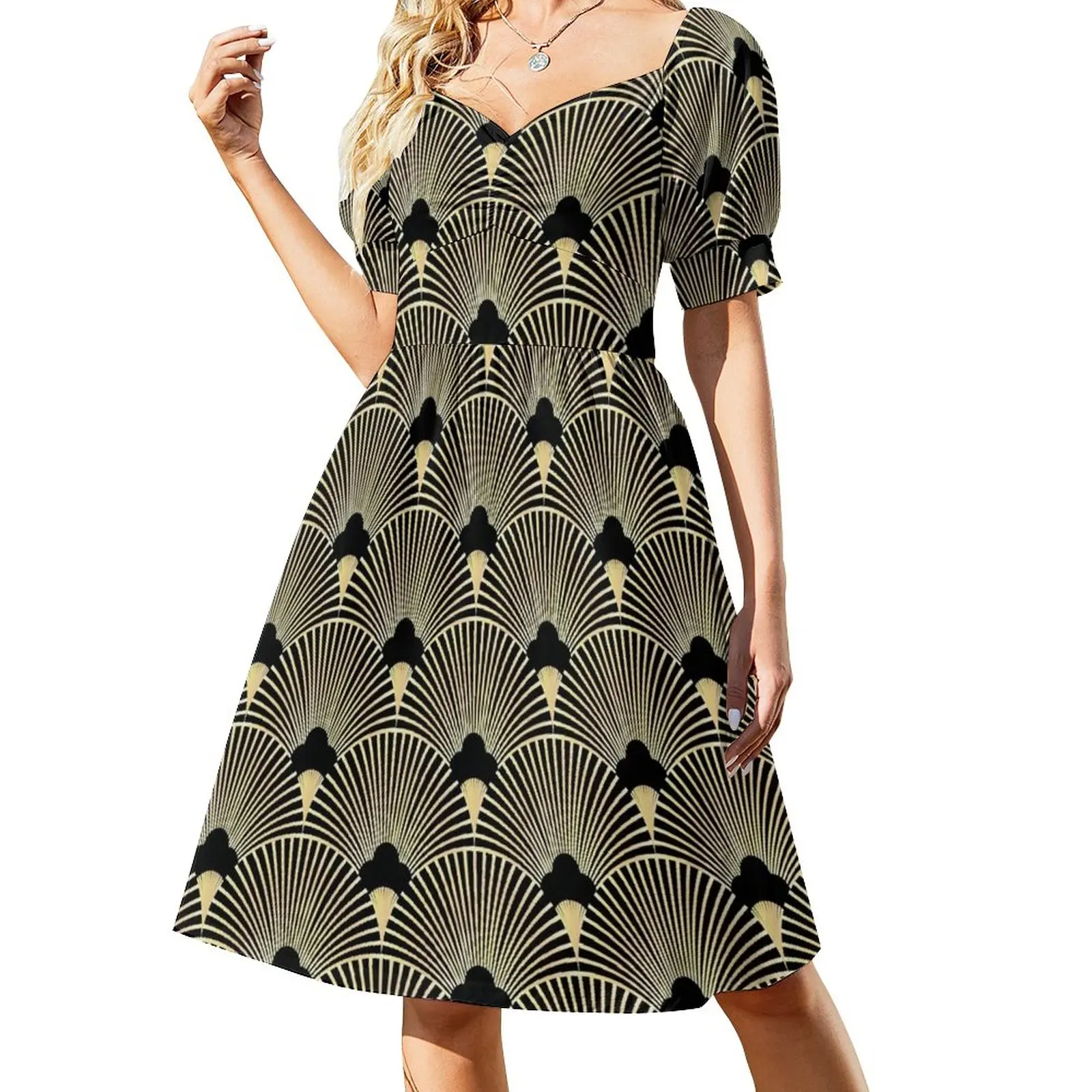 Art deco, fan pattern, vintage,1920 era, gold,black,elegant,chic,The Great Gatsby,modern,trendy,girly Sleeveless Dress