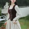 Chic Vintage French Pastoral Forest Dress Mori Girl Flare Sleeve Cotton Line Midi Princess Dress for Women Bandage Corduroy Vest