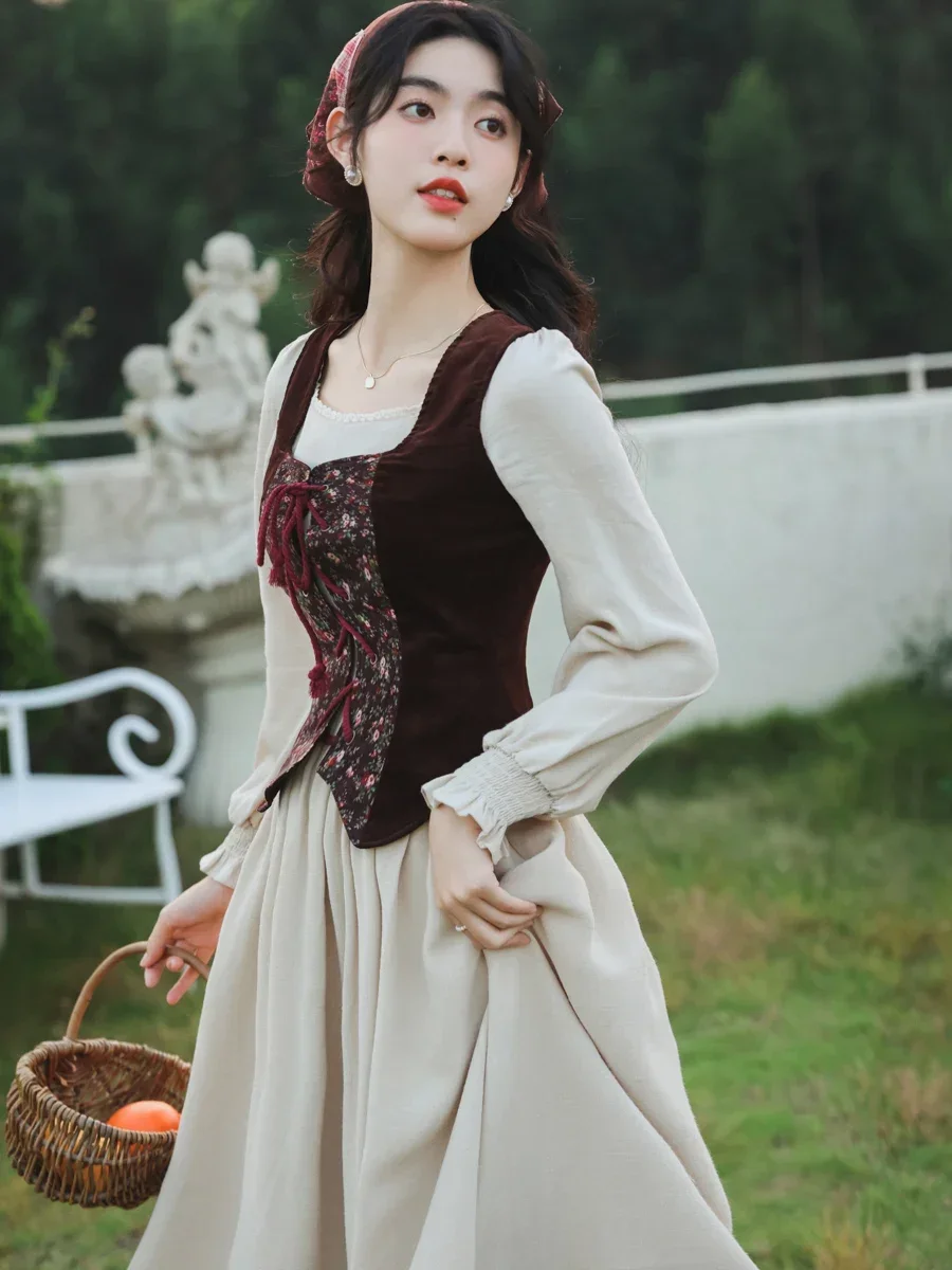 Chic Vintage French Pastoral Forest Dress Mori Girl Flare Sleeve Cotton Line Midi Princess Dress for Women Bandage Corduroy Vest