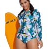 Long Sleeve Swimsuit Women Zipper Front Leaves Print One Piece Bikinis Bathing Suit Plus Size Beach Swimwear - Image 5