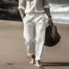 Fashion Cotton Linen Loose Waist Button Trousers Men Clothing Casual Straight Long Pant Summer Men Vintage Solid Beach Trouser - Image 4