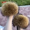 Real Raccoon Fur Slippers For Women 2023 Summer Fluffy Indoor House Fuzzy Flat Slides Outdoor Fashion Beach Sandals Flip Flops - Image 4