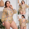 4XL 5XL Plus Size Swimwear 2022 Fashion Women V Neck Long Sleeve Floral Print Swimwear Elegant Hole Back Sexy Bikinis - Image 5