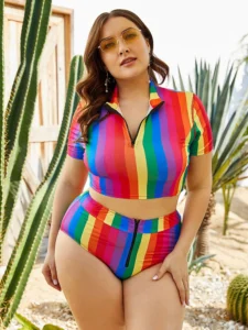 Colorful Rainbow Striped Bikini Set Two-piece Beach Swimsuit Plus Size Zipper Bandage Bikini Bathing Suit Women Swimwear - Image 5