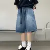 QWEEK Women Y2K Baggy Jorts Vintage Wide Leg Knee Length Jeans American Streetwear Casual Washed Oversize Summer Denim Shorts