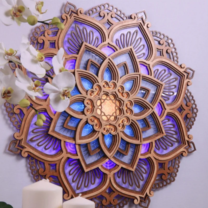 Mandala Lotus Led Night Light Wall Hanging Ornament Wooden Carving Macrame Craft Yoga Meditation Room Decoration Home Decor