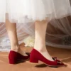 2024 Women's Spring and Autumn New Red Rhinestone Bow Large Wedding Shoes Pointed Comfortable Shallow Mouth High Heels - Image 3