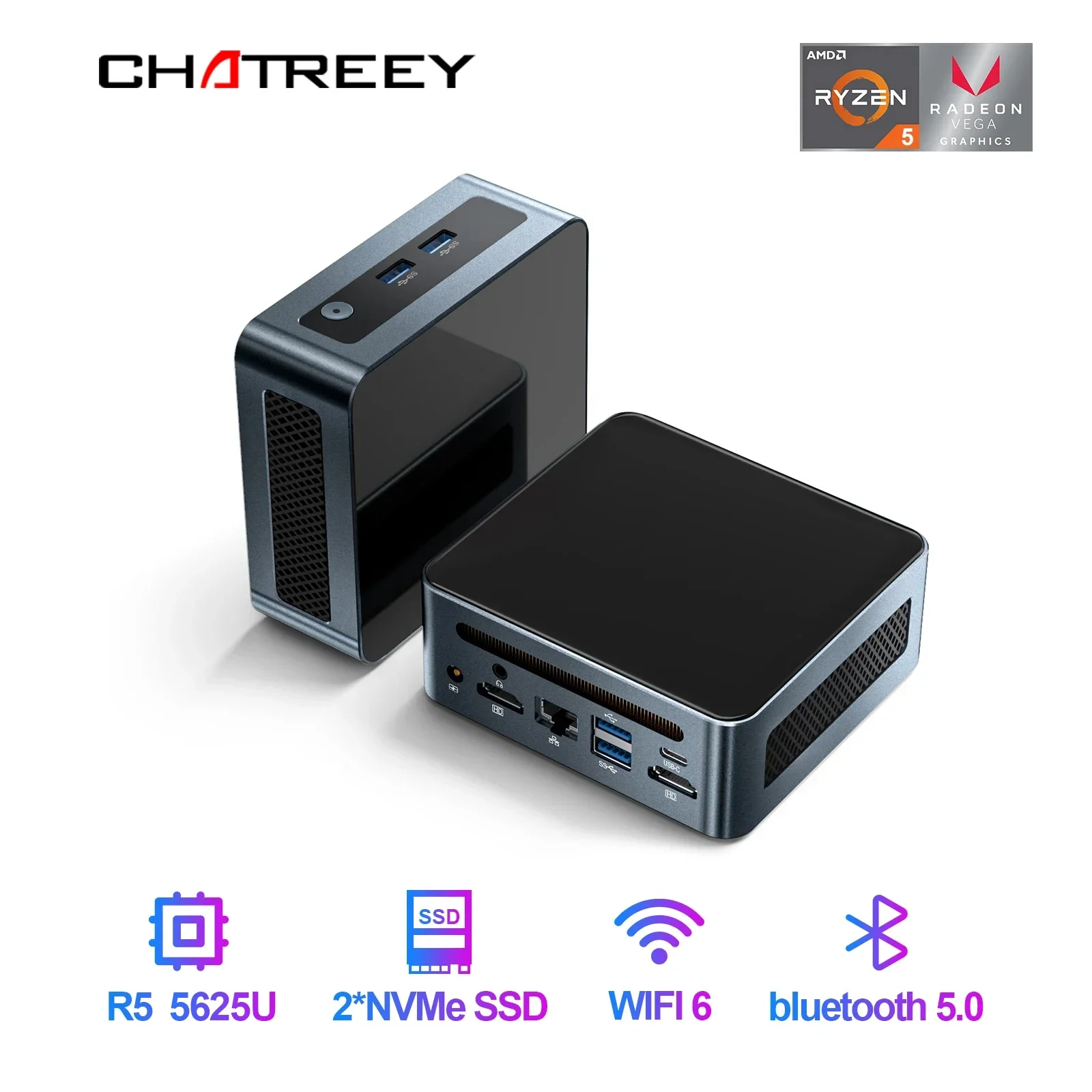 Chatreey Mini PC AN2P Ryzen 5 5625U Gaming Desktop Computer NVME SSD WIFI6 HD Windows 11 Pro