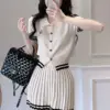New Korea Fashion Stripe Knitted Suits Women Short Sleeves Top Pleated A Line Skirt Summer Casual Streetwear Two Pieces Sets