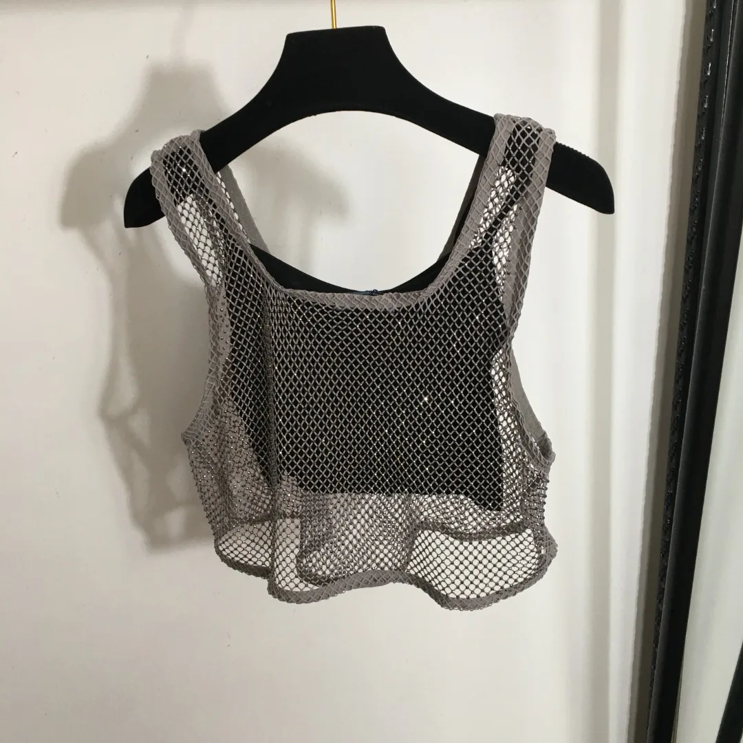Women's Fishnet Rhinestone Crop Top 2024 Summer Sexy Mesh High Elastic Shirt Net See Through Rave Diamond Tank Top