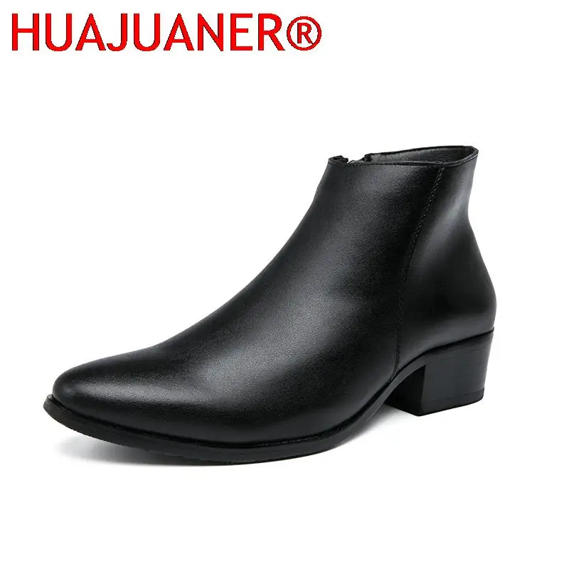 Fashion Men Chelsea Boots Mens Side Zip Heels Ankle Boots Male Leather Shoes Design Men's Dress Shoes Handmade Business Oxfords