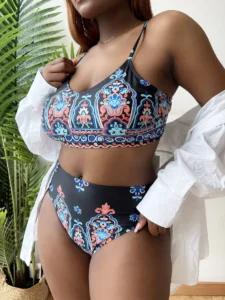 Blue Print Plus Size High Waist Bikini Swimwear Women's Swimsuit Beachwear Bathing Suits - Image 3