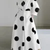 Autumn Dress Long Sleeve Dot Print Elegant Maxi Dresses For Women 2023 White Casual V Neck Shirt Party Long Dress Robe Femme