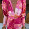 Elegant Print Pleated V-neck Contrast Maxi Dress Women Chic Long Sleeves Bodycon Vestidos 2024 Spring Summer Lady Party Dresses
