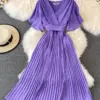 Women's Elegant Solid Summer Dress Temperament Short Sleeve V-Neck Vintage A-Line High Waist purple Dress for Women