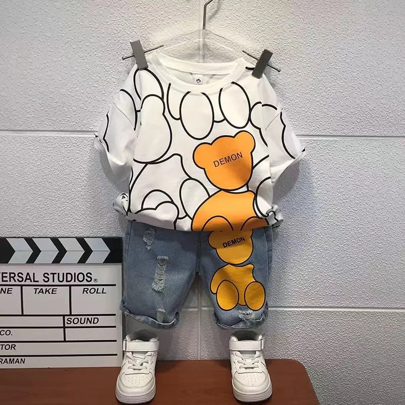Summer Baby Boys Clothes Set 2023 Short Sleeve Pullover Tops And Jeans Shorts 2pcs Fashion Casual For Kids 2-8 Years Tracksuit